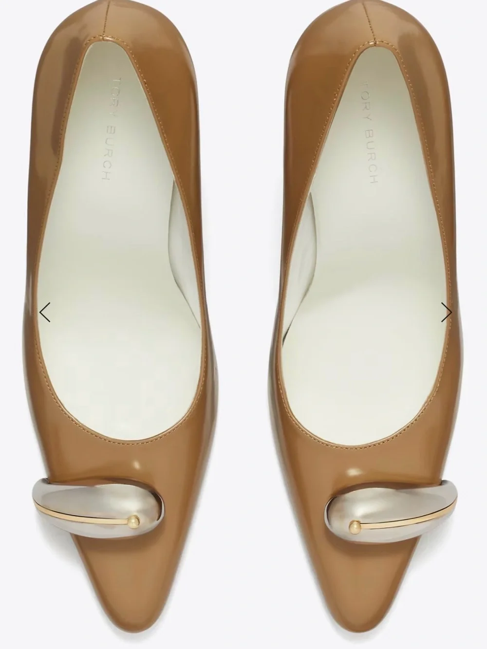 Tory Burch Pierced Pump Tan Leather Block Heel Pumps with Metallic Accent.